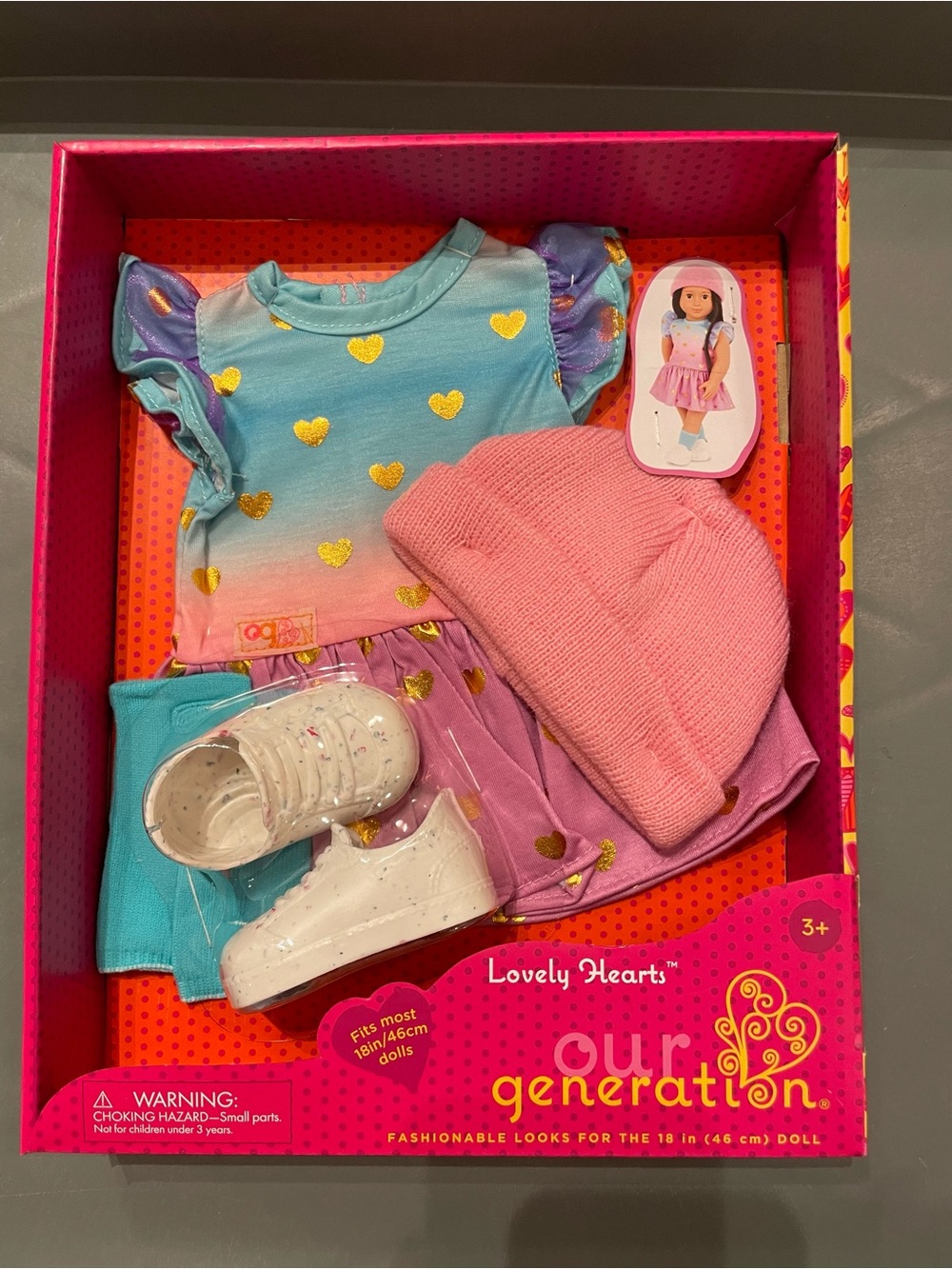 Our Generation Lovely Hearts Pink Hat & Gradient Dress Outfit for 18 Dolls NWT